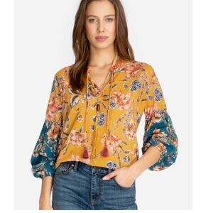 Johnny Was Effortless Peasant Blouse 100% Cotton Mustard Floral Multi Top L/XL